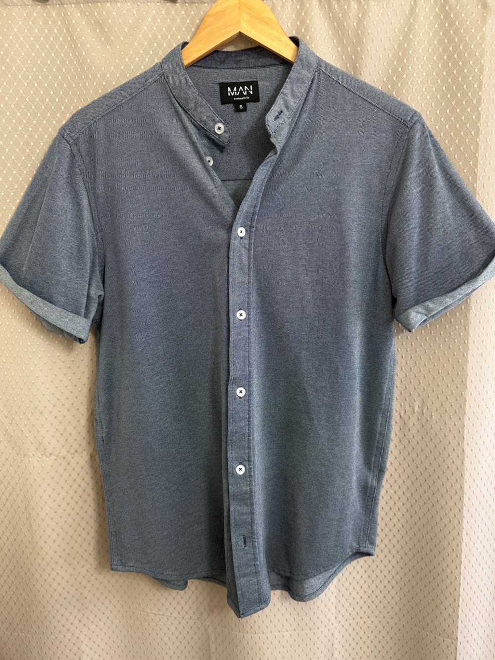 Boohoo Mens Slate Blue Short Sleeve Mandarin Button-Down